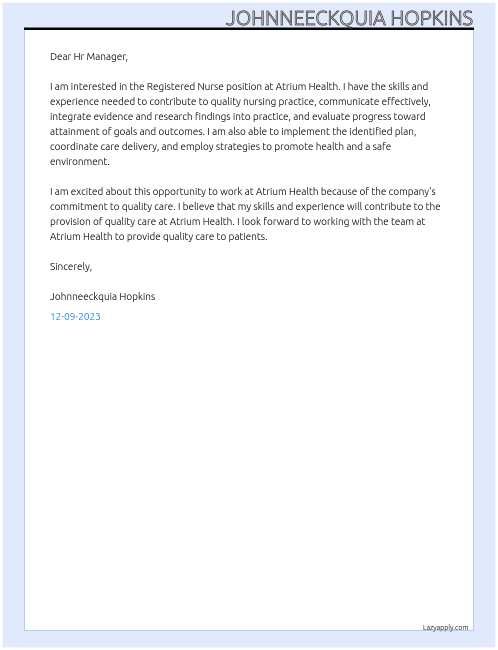 Registered Nurse At Atrium Health Cover Letter