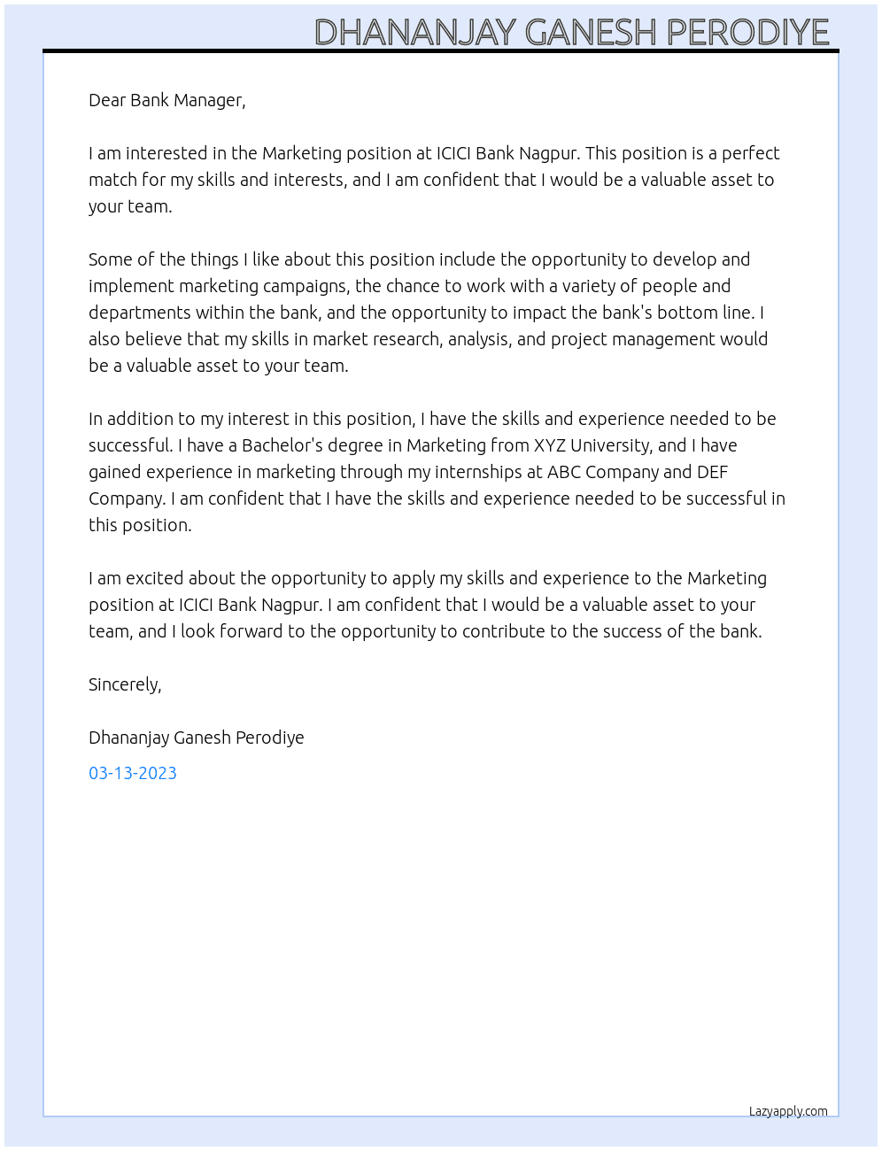 Marketing  At ICICI Bank nagpur  Cover Letter