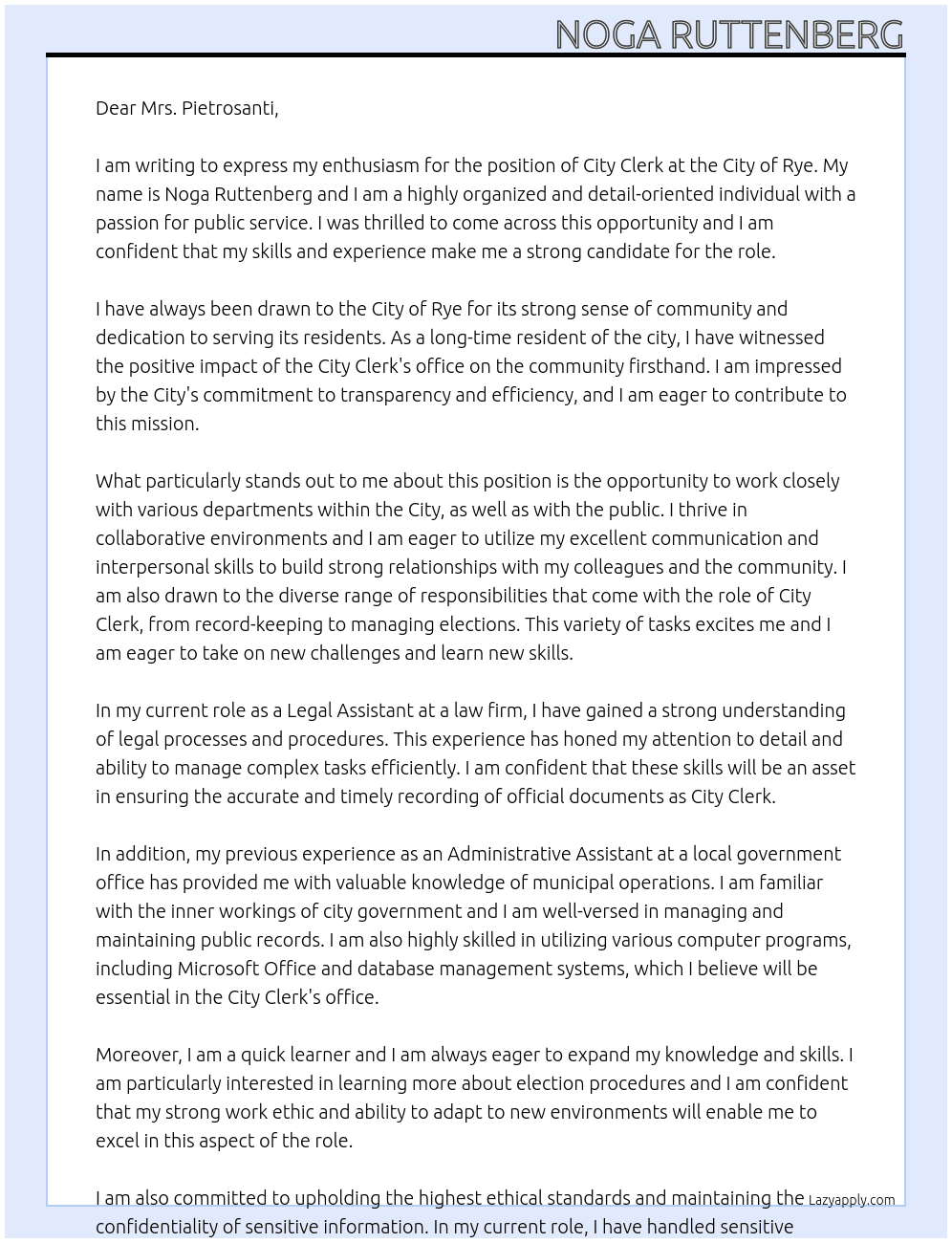 City Clerk At City of Rye Cover Letter