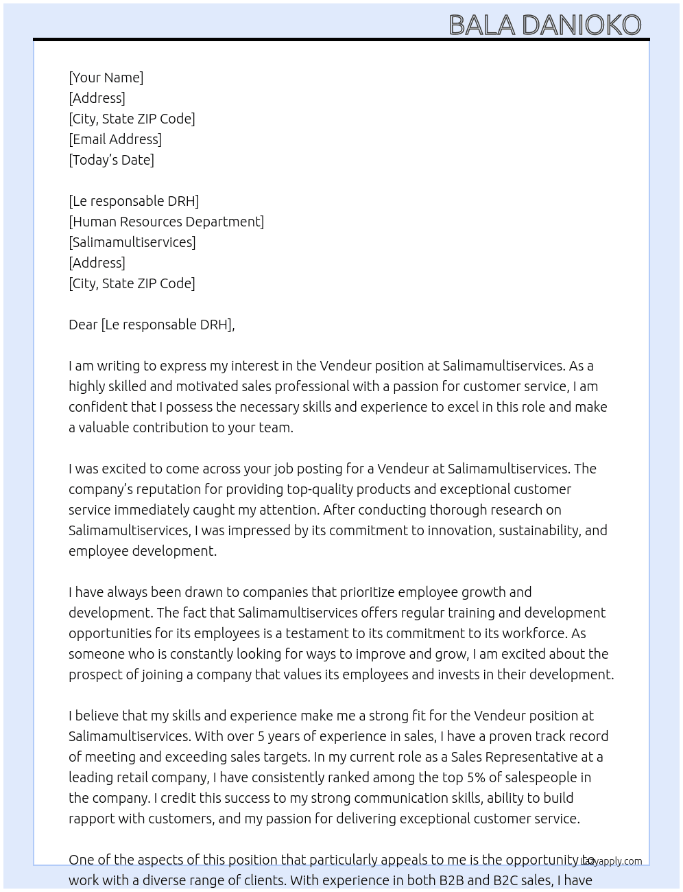 Vendeur  At Salimamultiservices Cover Letter