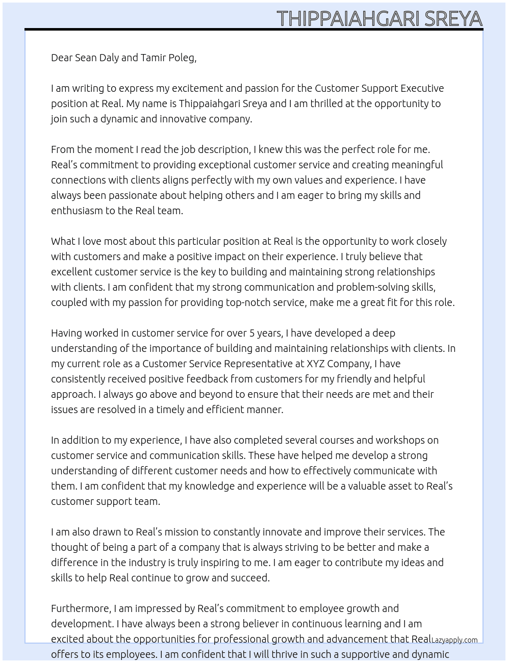Customer support executive  At Real Cover Letter
