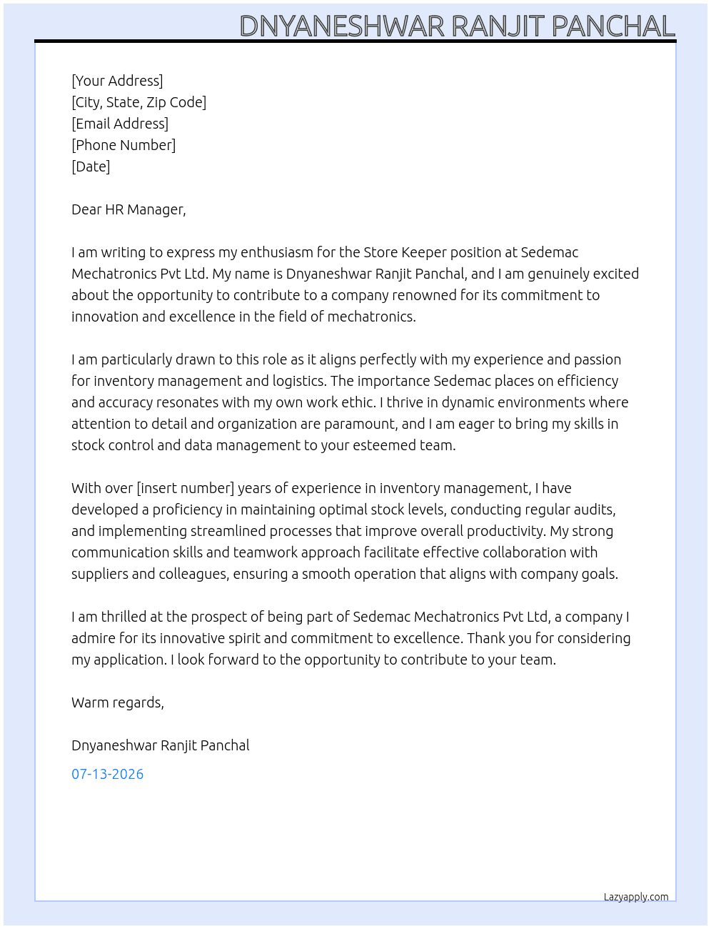 Cover letter for store keeper - LazyApply