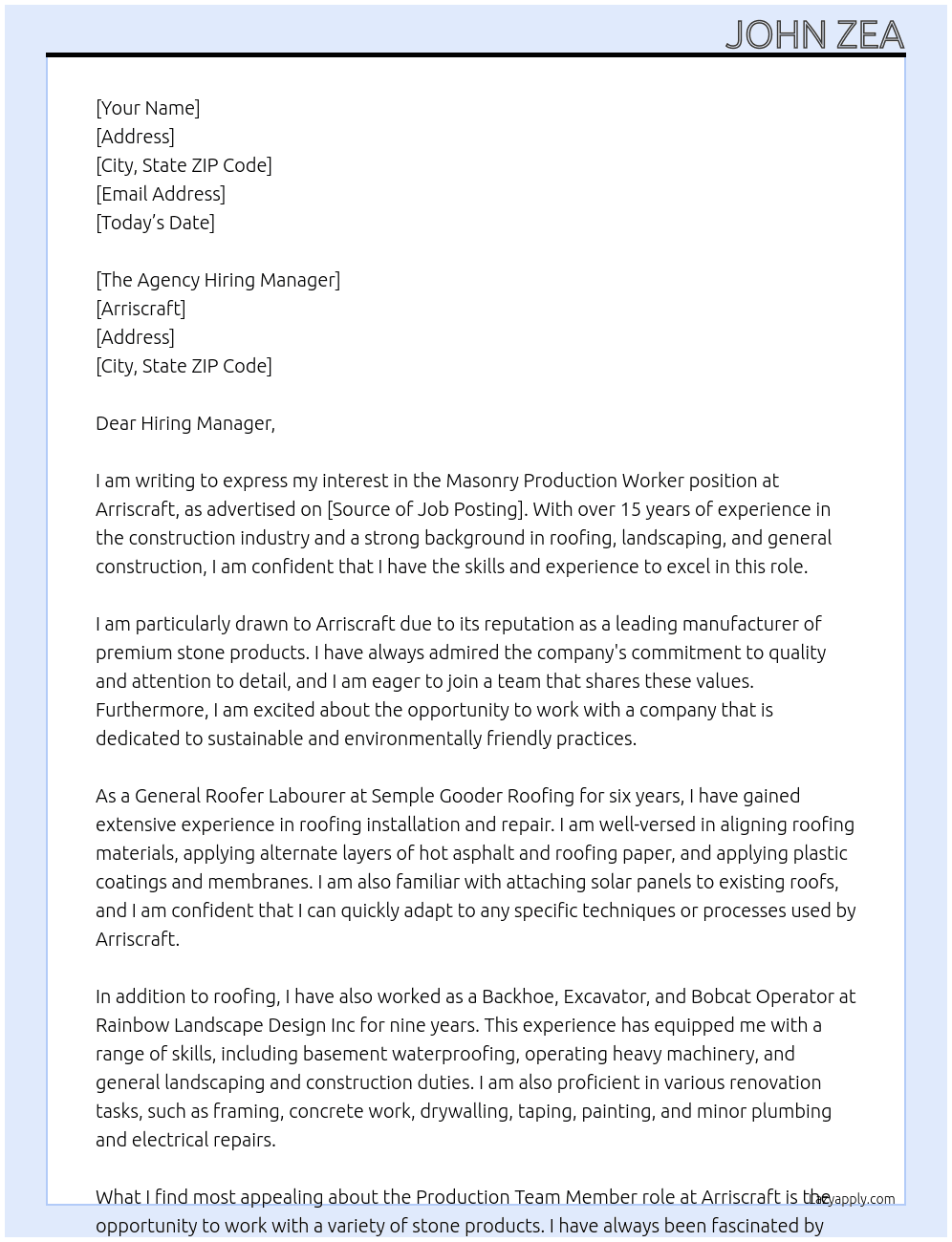 Masonry Production Worker At Arriscraft Cover Letter