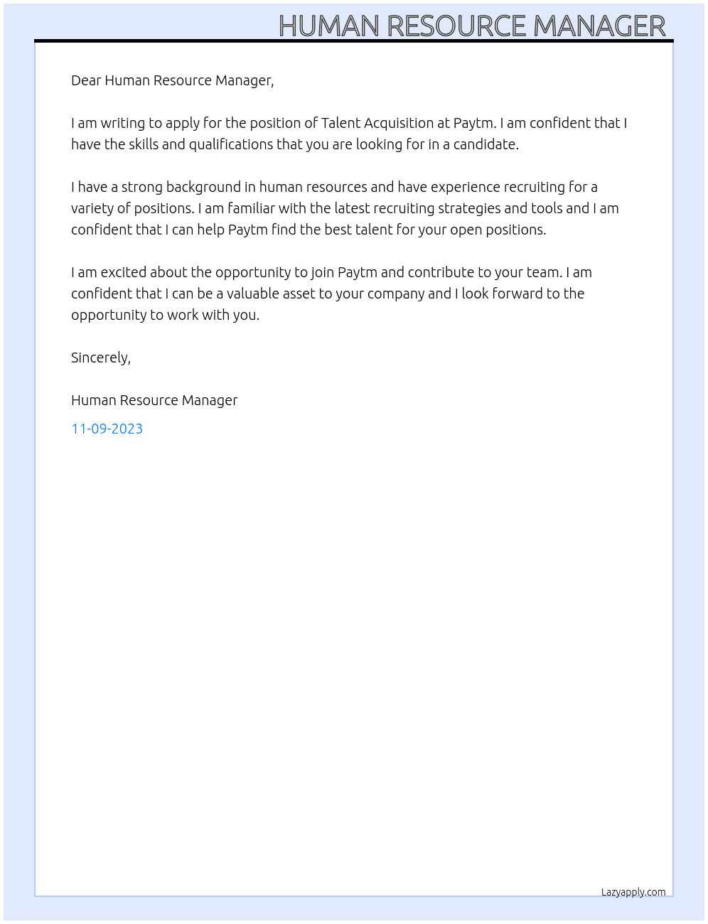 Talent Acquisition  At Paytm Cover Letter