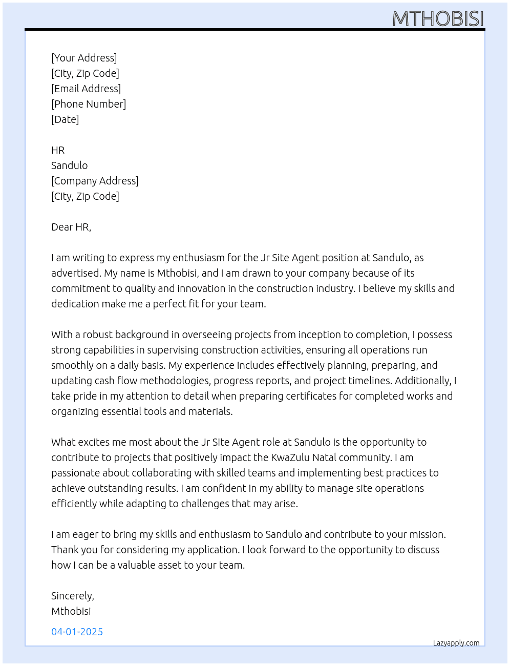 Jr Site Agent At Sandulo Cover Letter