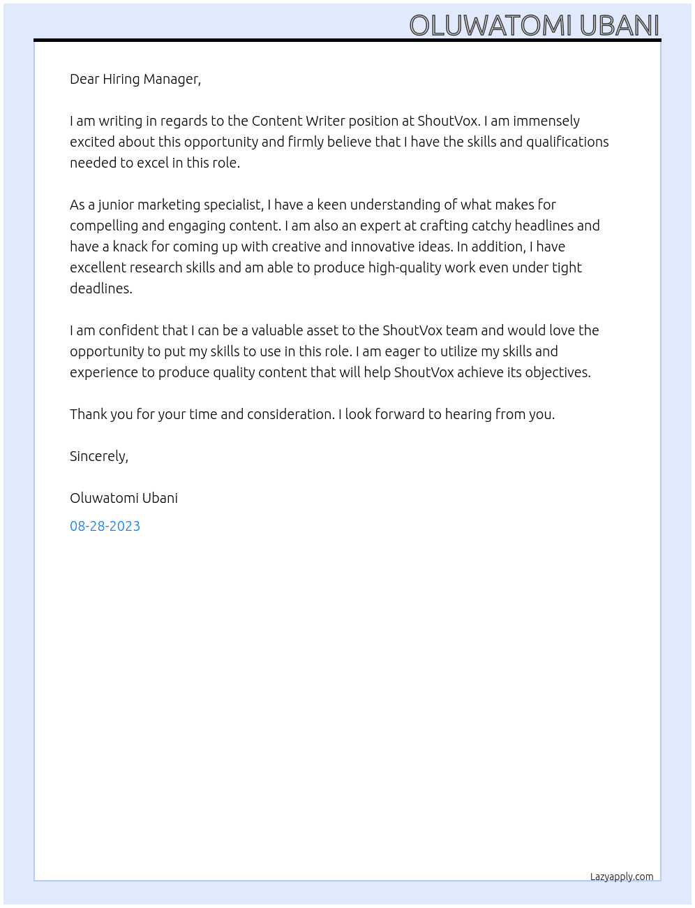 Content Writer At ShoutVox Cover Letter