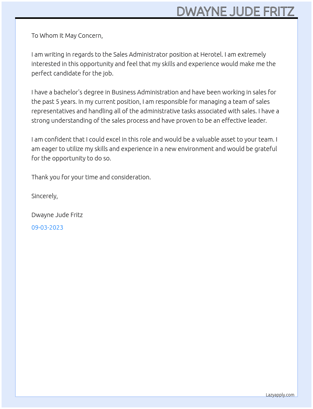 sales administrator At Herotel Cover Letter