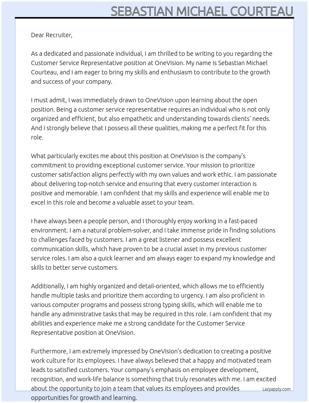 Customer service representative At OneVision Cover Letter