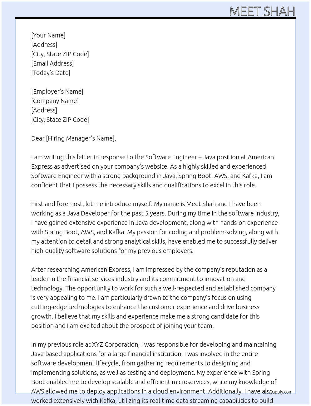 Software Engineer - Java At American Express Cover Letter