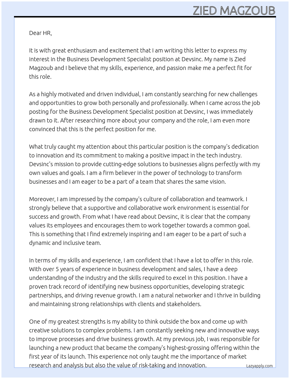 Business Development Specialist At Devsinc Cover Letter