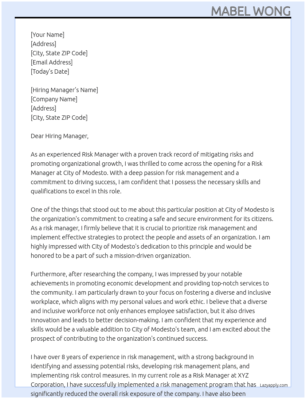 Risk Manager At City of Modesto Cover Letter