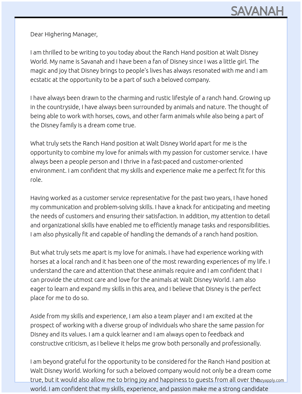 Ranch hand  At Walt disney world  Cover Letter