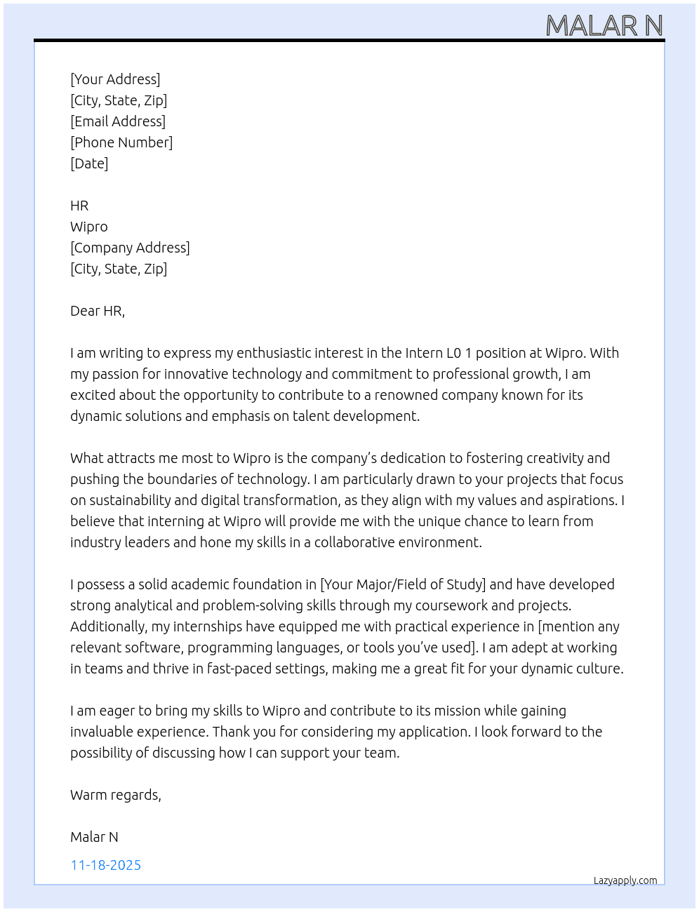 Intern L0 1 At wipro Cover Letter