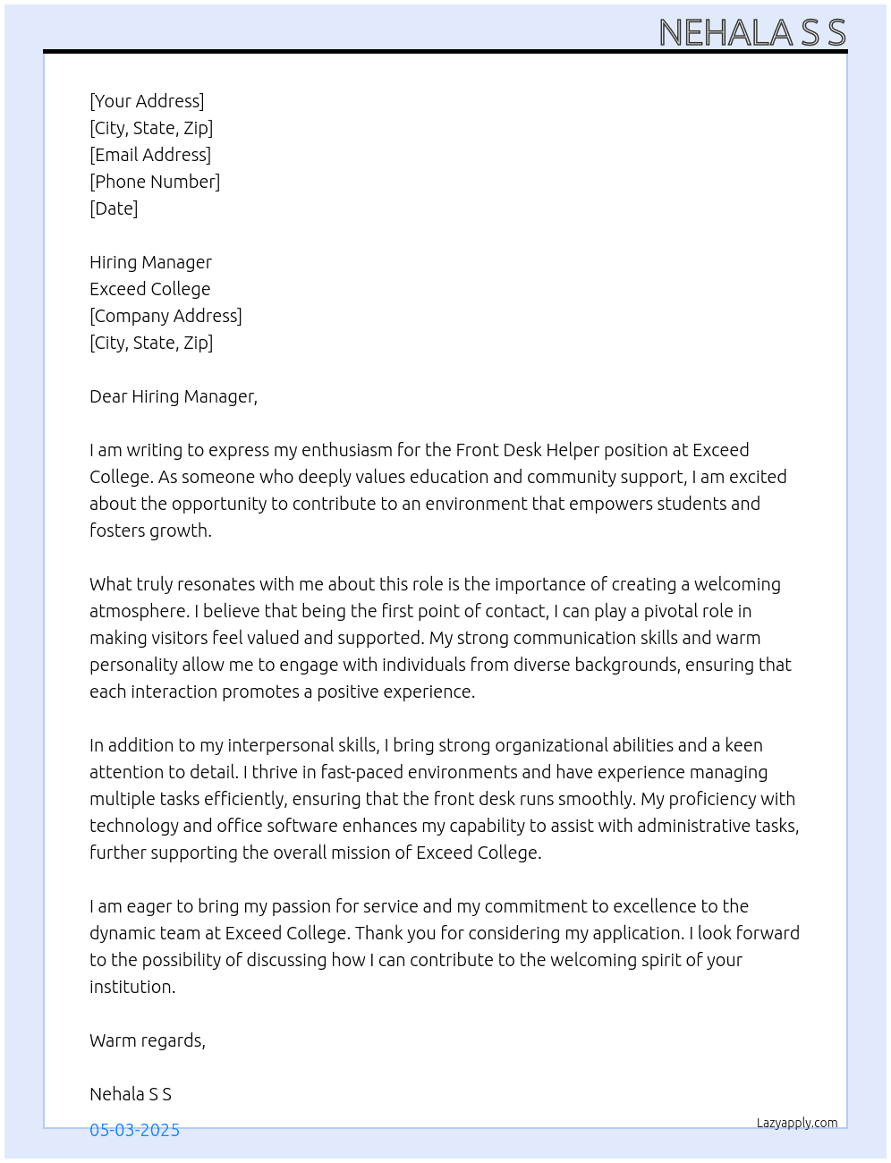 Cover letter for front desk helper - LazyApply