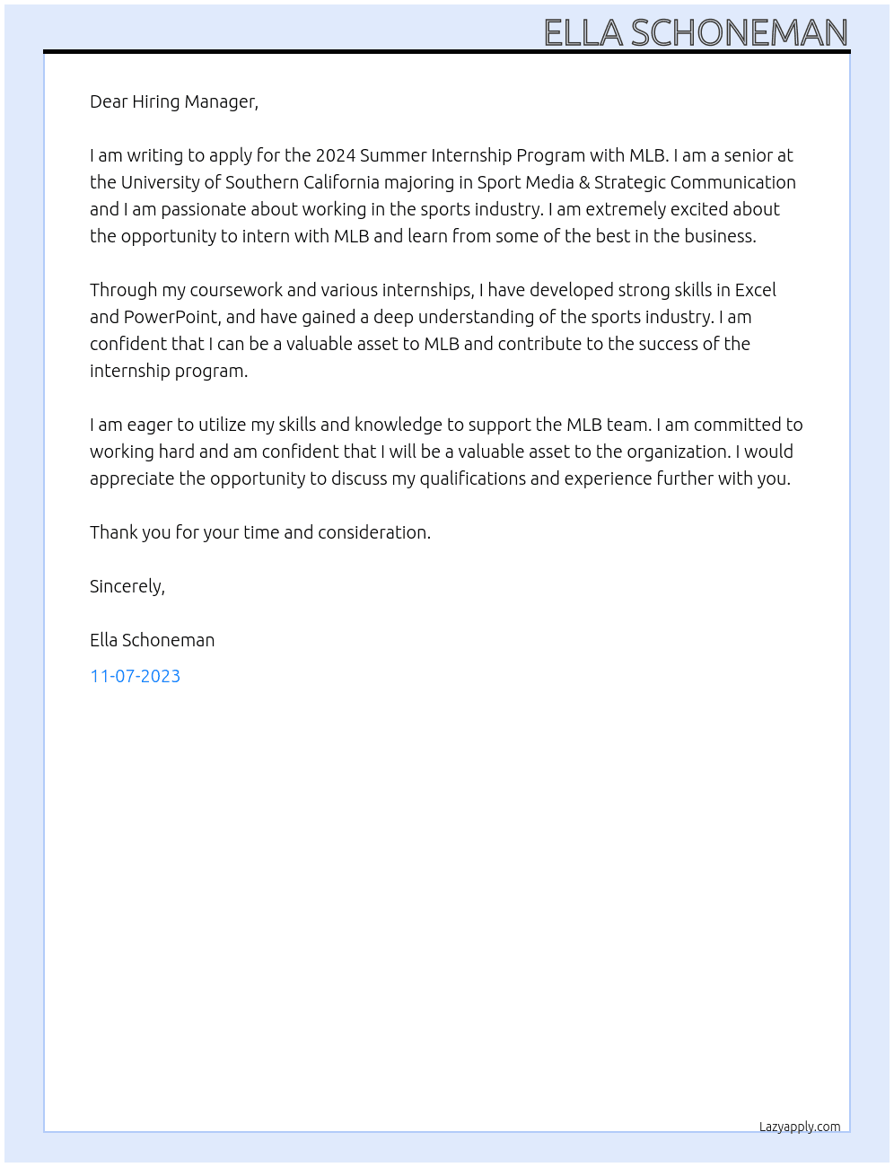 Cover letter for 2024 summer internship program - LazyApply