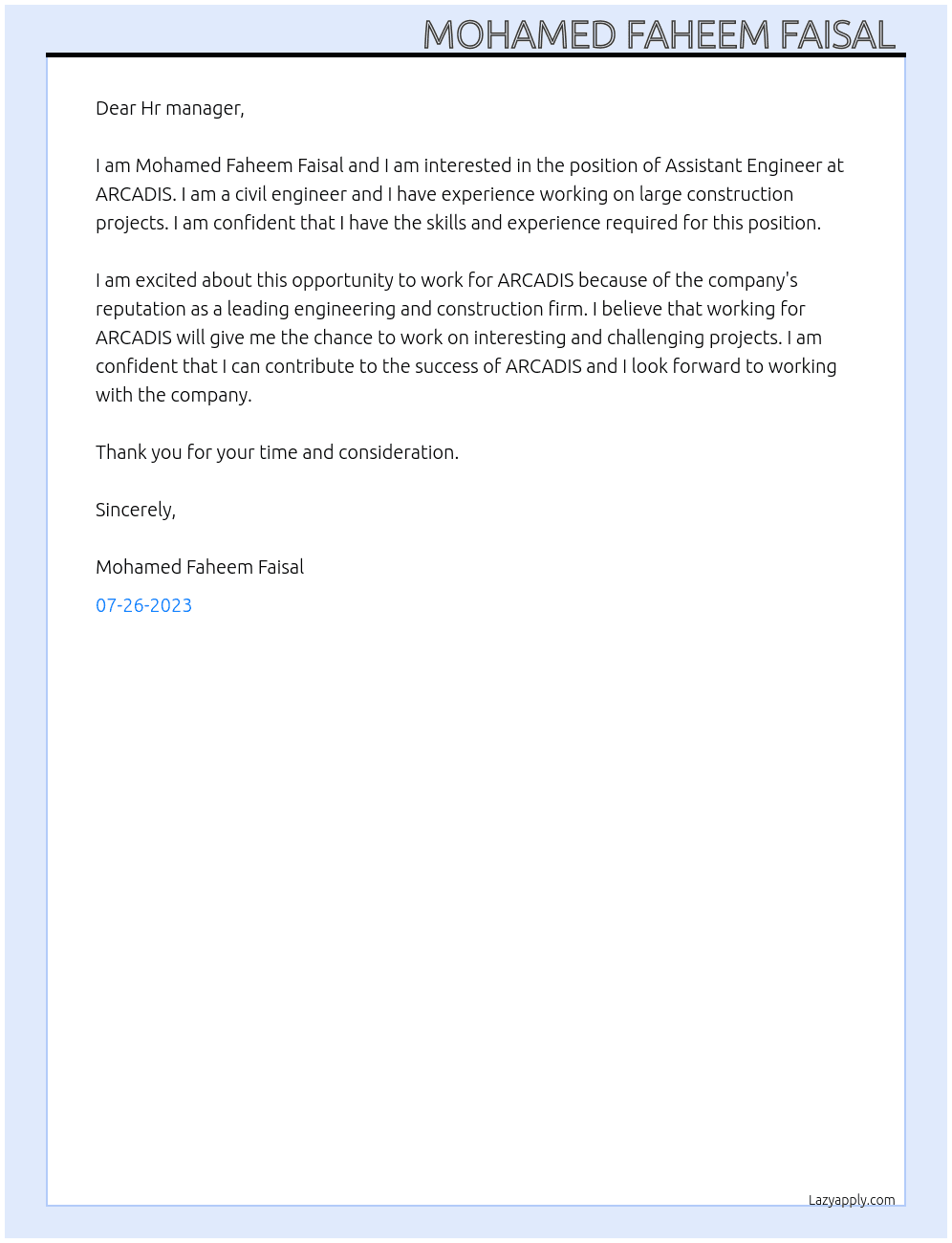 Assistant Engineer  At ARCADIS Cover Letter