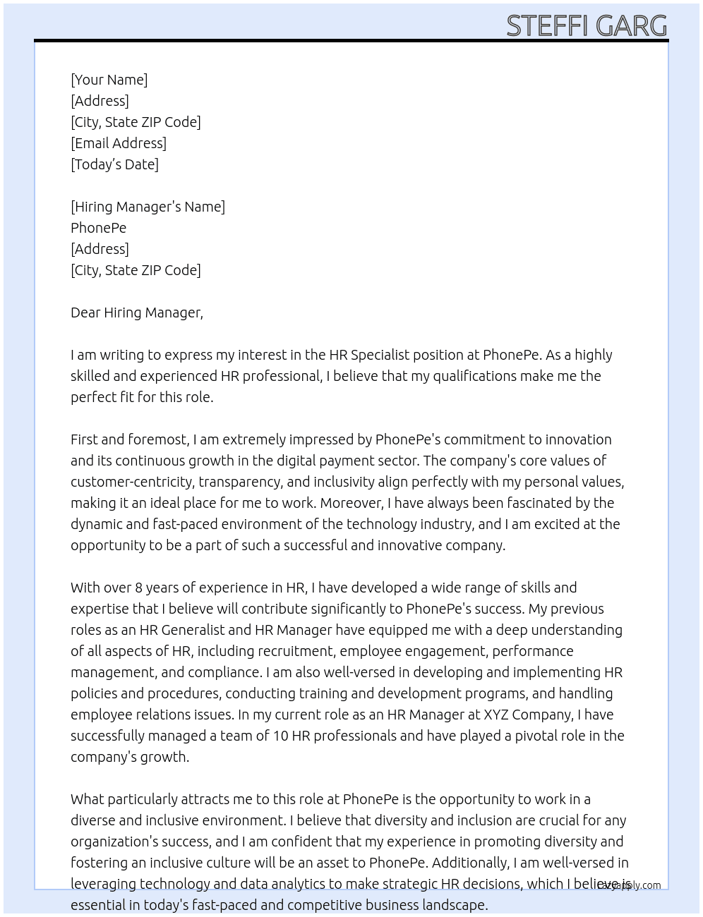 HR Specialist At PhonePe Cover Letter