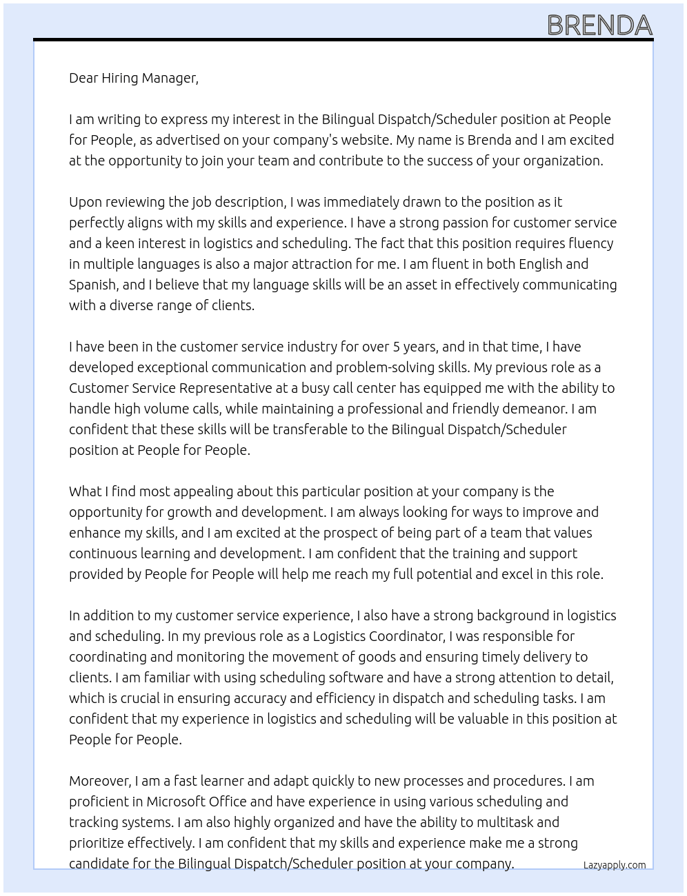 Bilingual Dispatch/Scheduler At People for People Cover Letter
