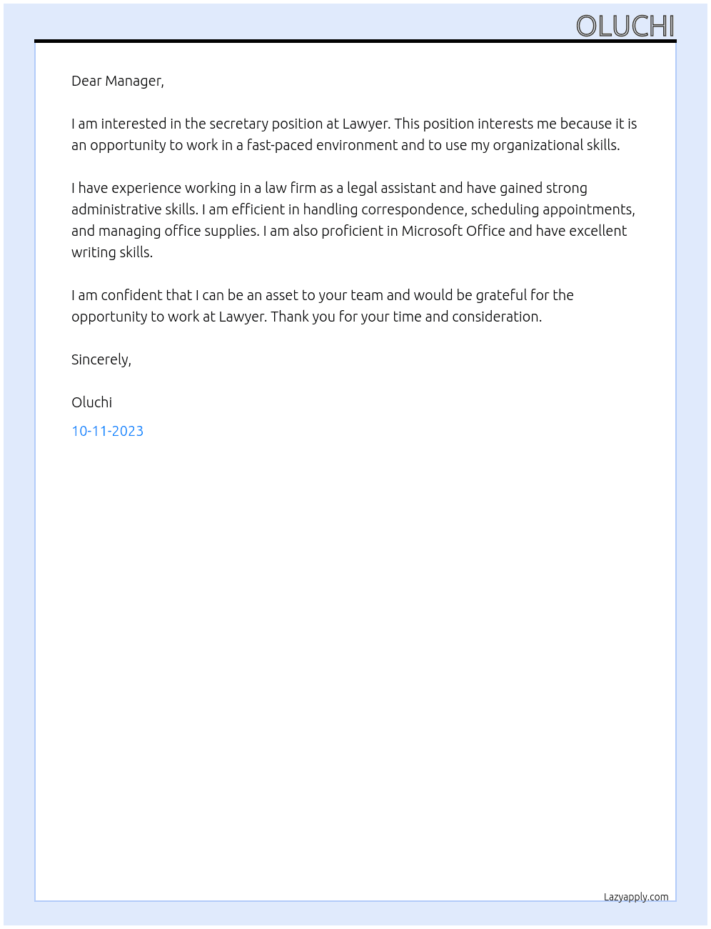 Secretary  At Lawyer  Cover Letter