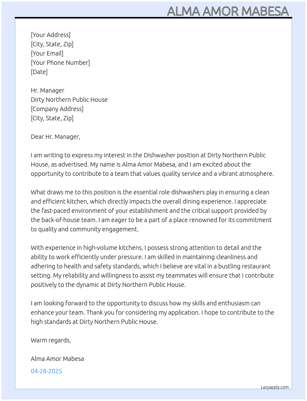 Dishwasher  At dirty northern public house  Cover Letter