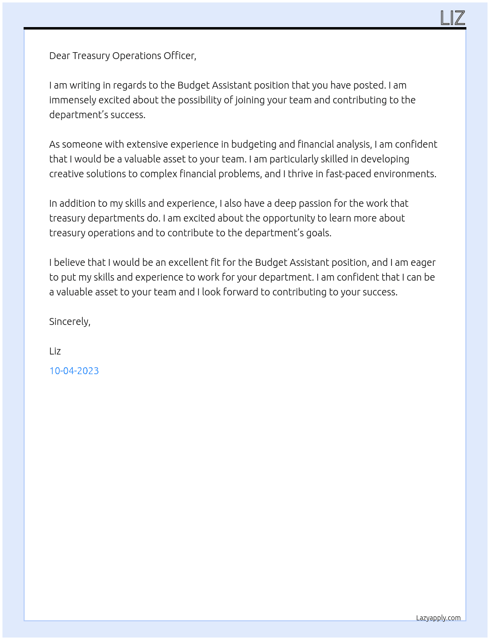 budget assistant At treasury Cover Letter