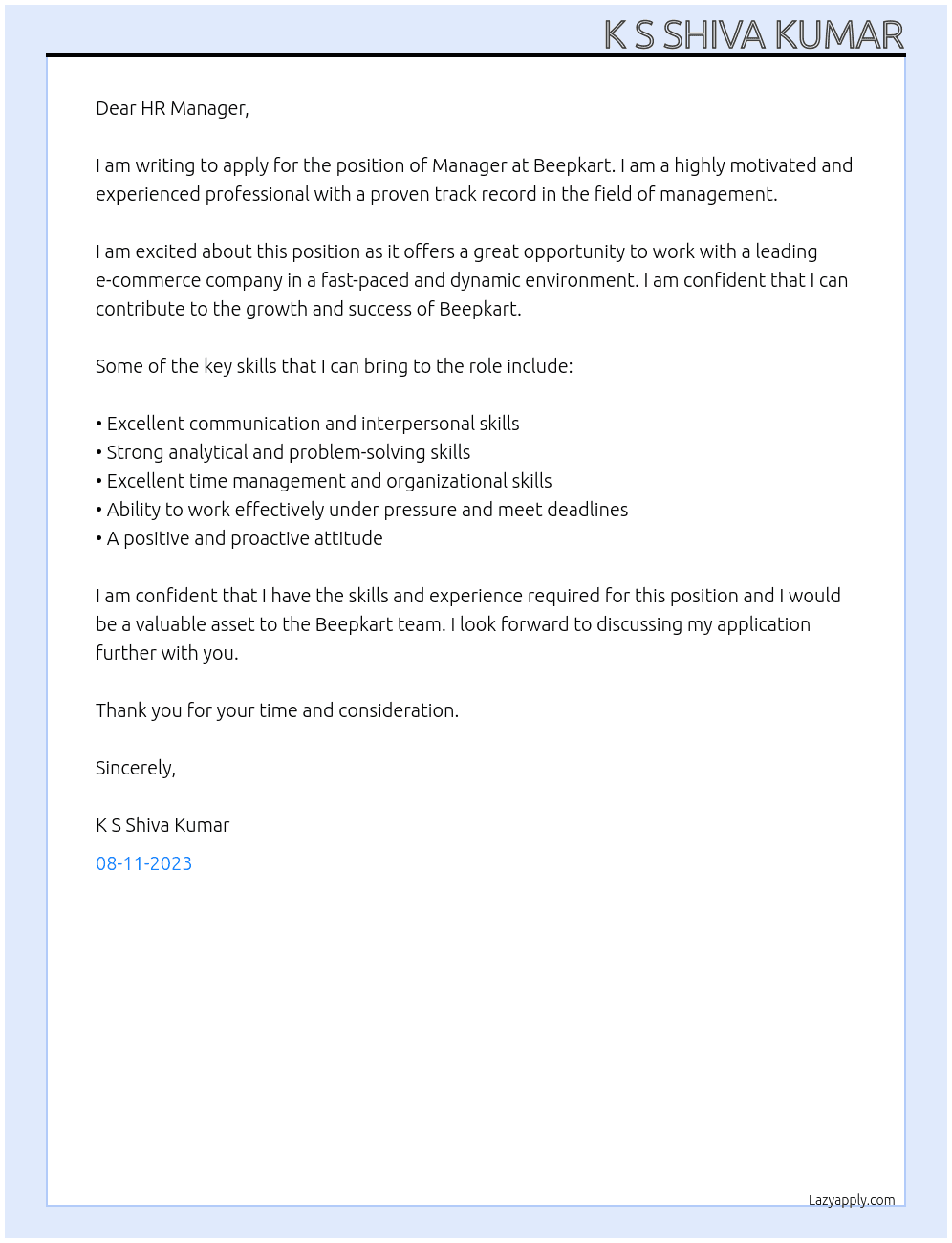 Manager At Beepkart Cover Letter