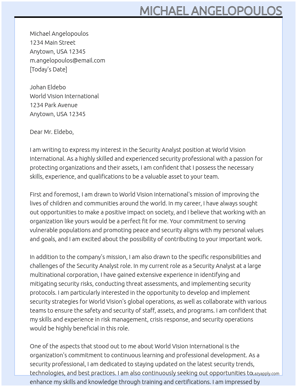 Security Analyst At World Vision International Cover Letter