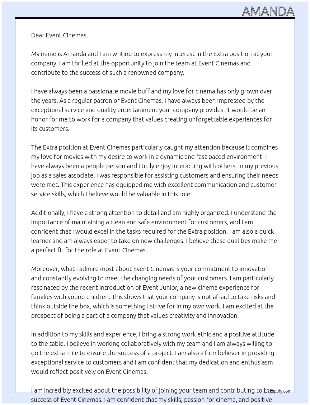 Extra At Event cinemas Cover Letter