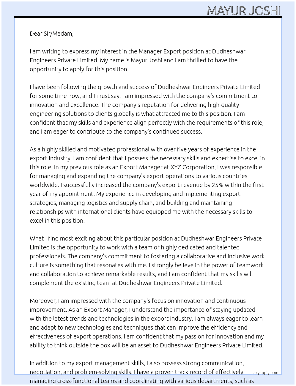 Manager Export At Dudheshwar Engineers Private Limited Cover Letter