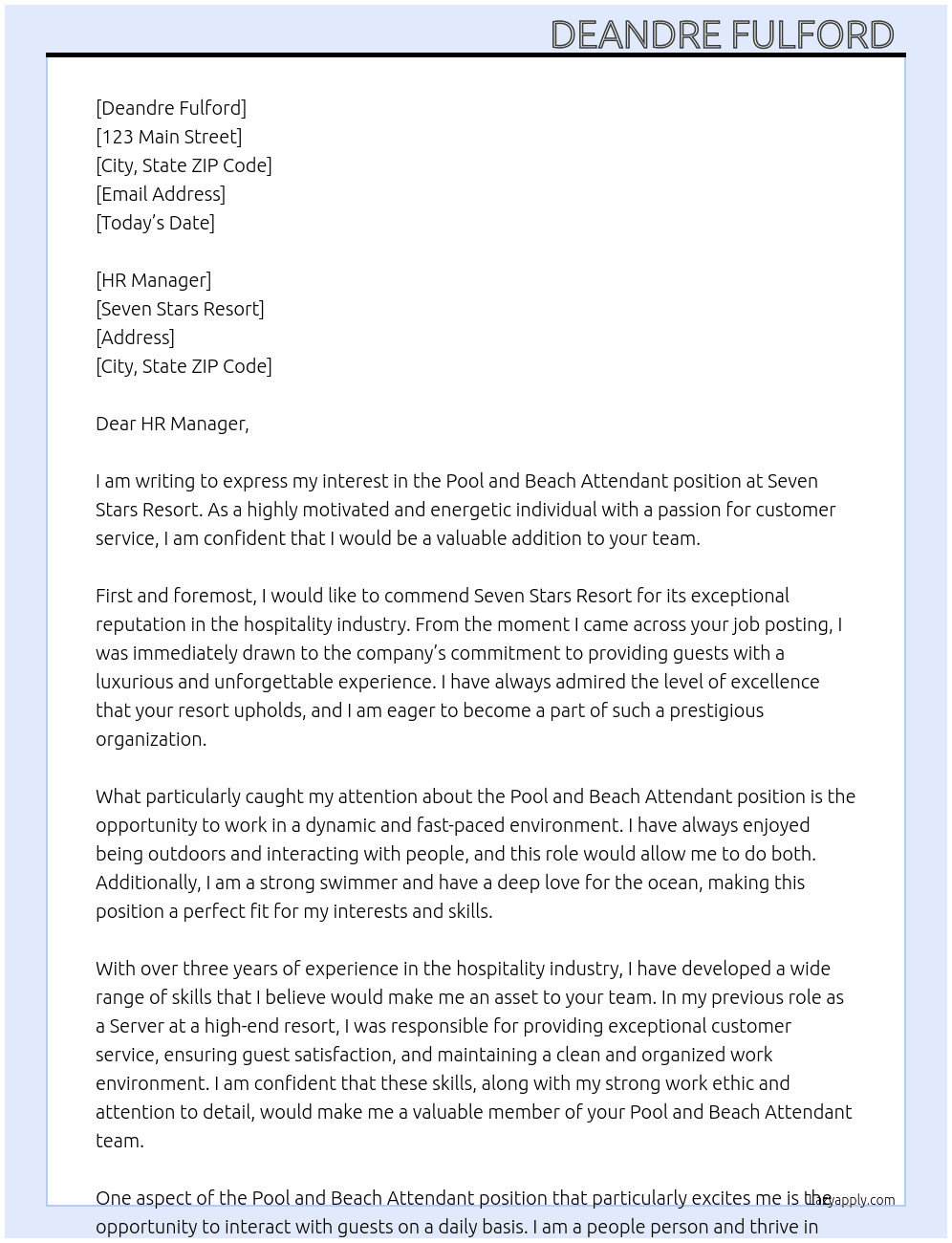Pool and Beach Attendant At Seven Stars Resort Cover Letter