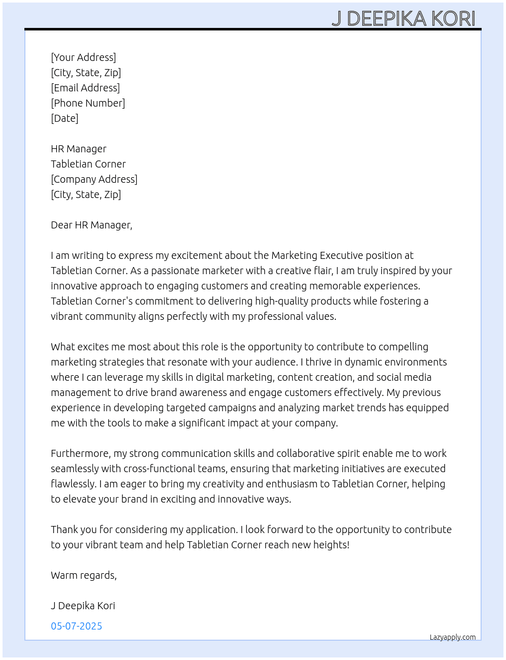 Marketing executive  At Tabletian corner Cover Letter