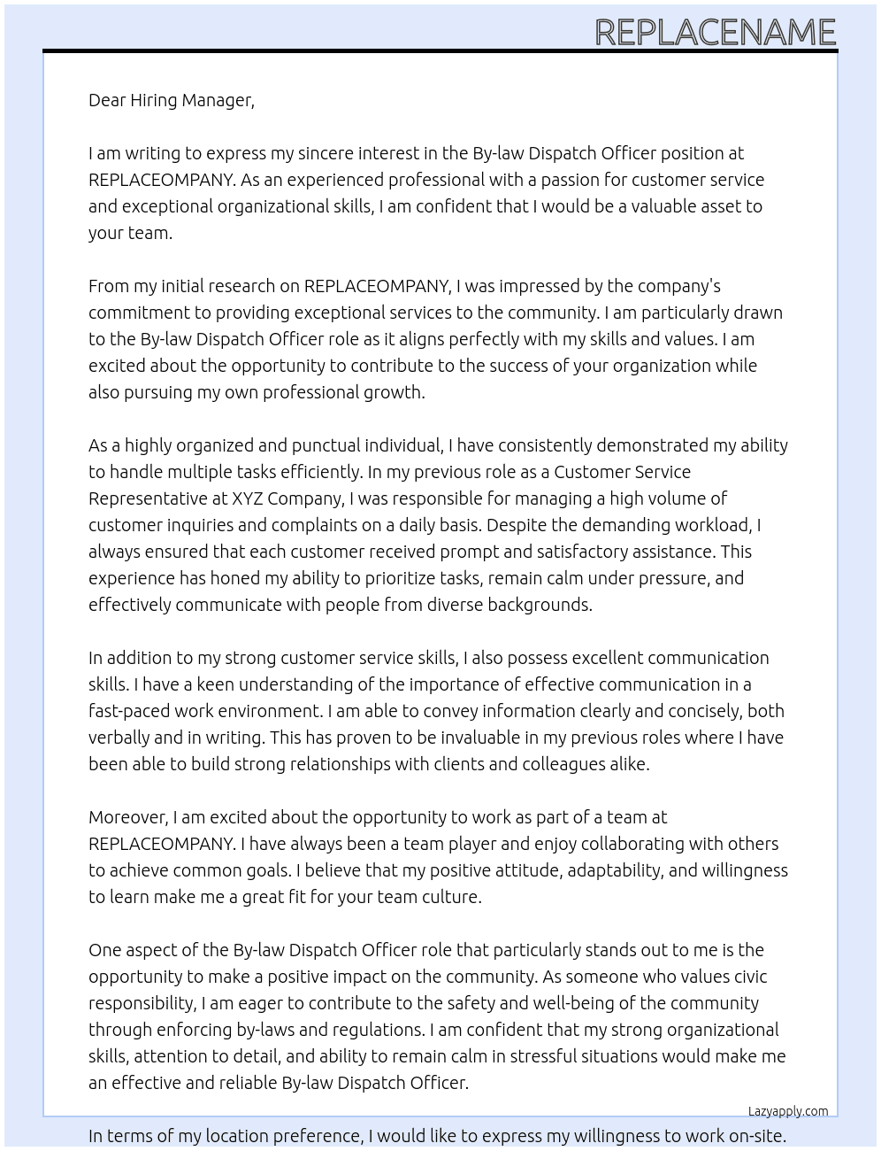By-law Dispatch Officer At REPLACEOMPANY Cover Letter