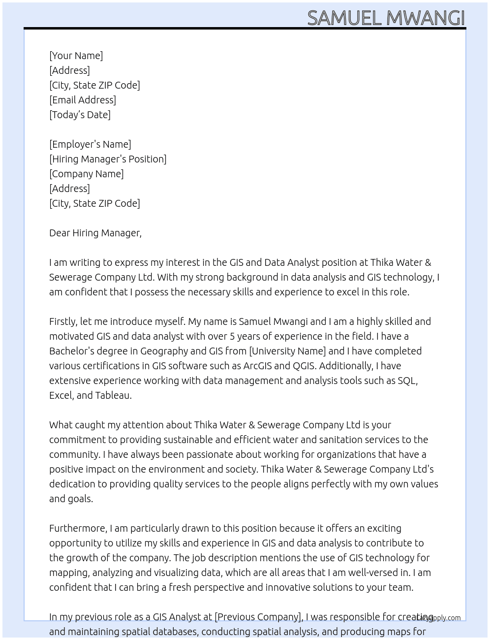 Gis and Data Analyst At Thika Water & Sewerage Company Ltd  Cover Letter