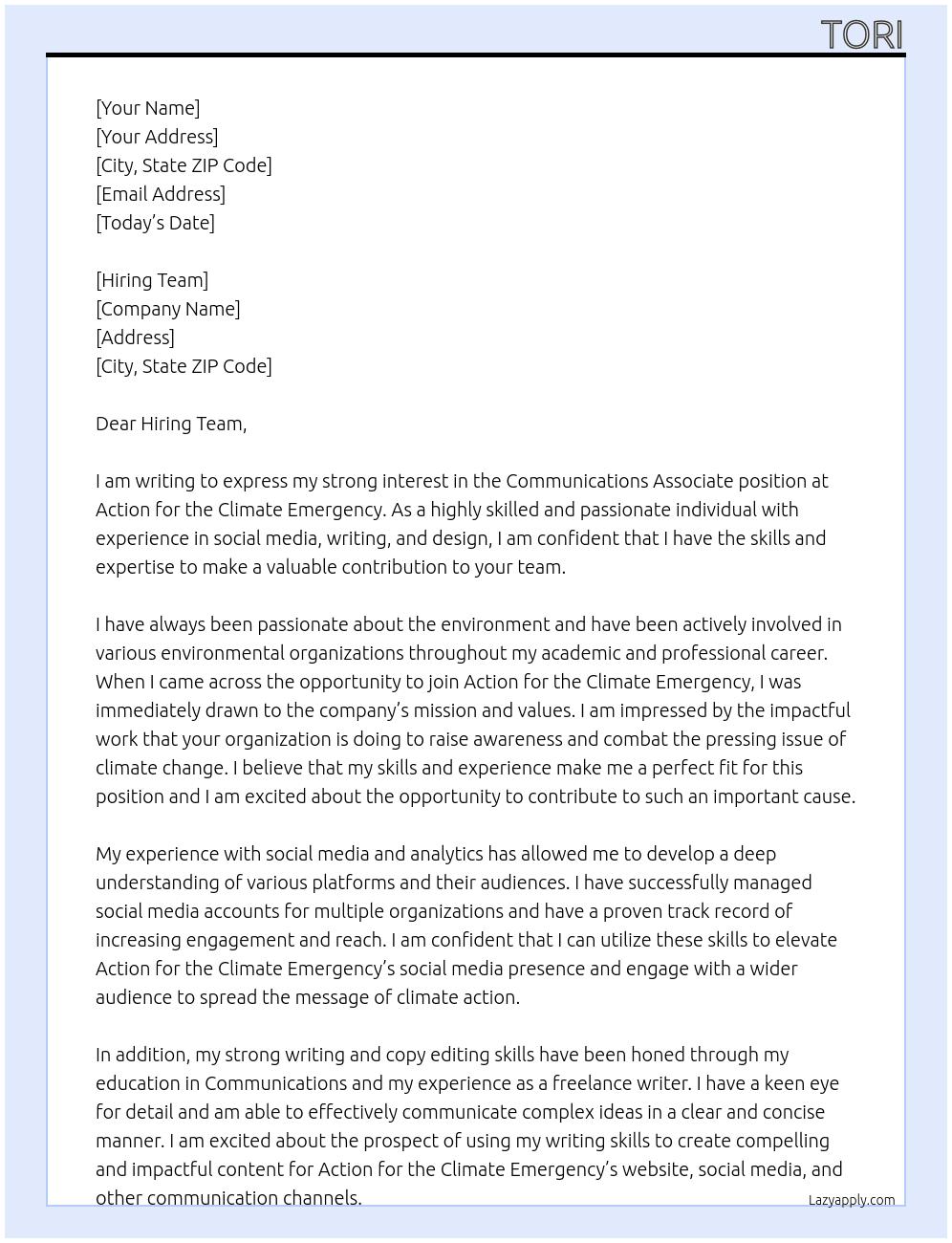 Communications Associate At Action for the Climate Emergency Cover Letter