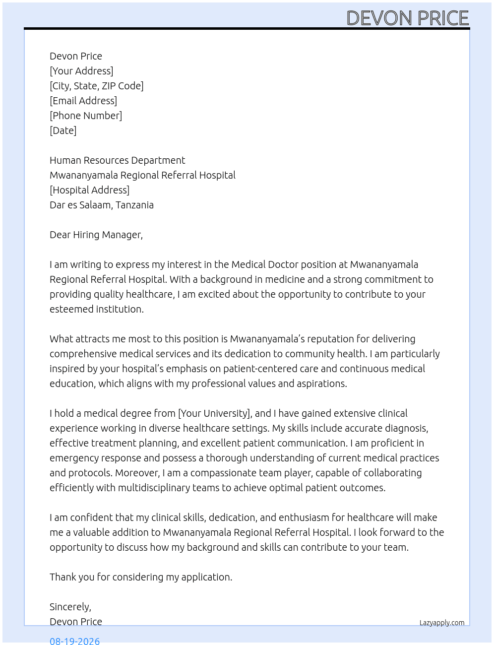 medical doctor At mwananyamala regional referral hospital Cover Letter