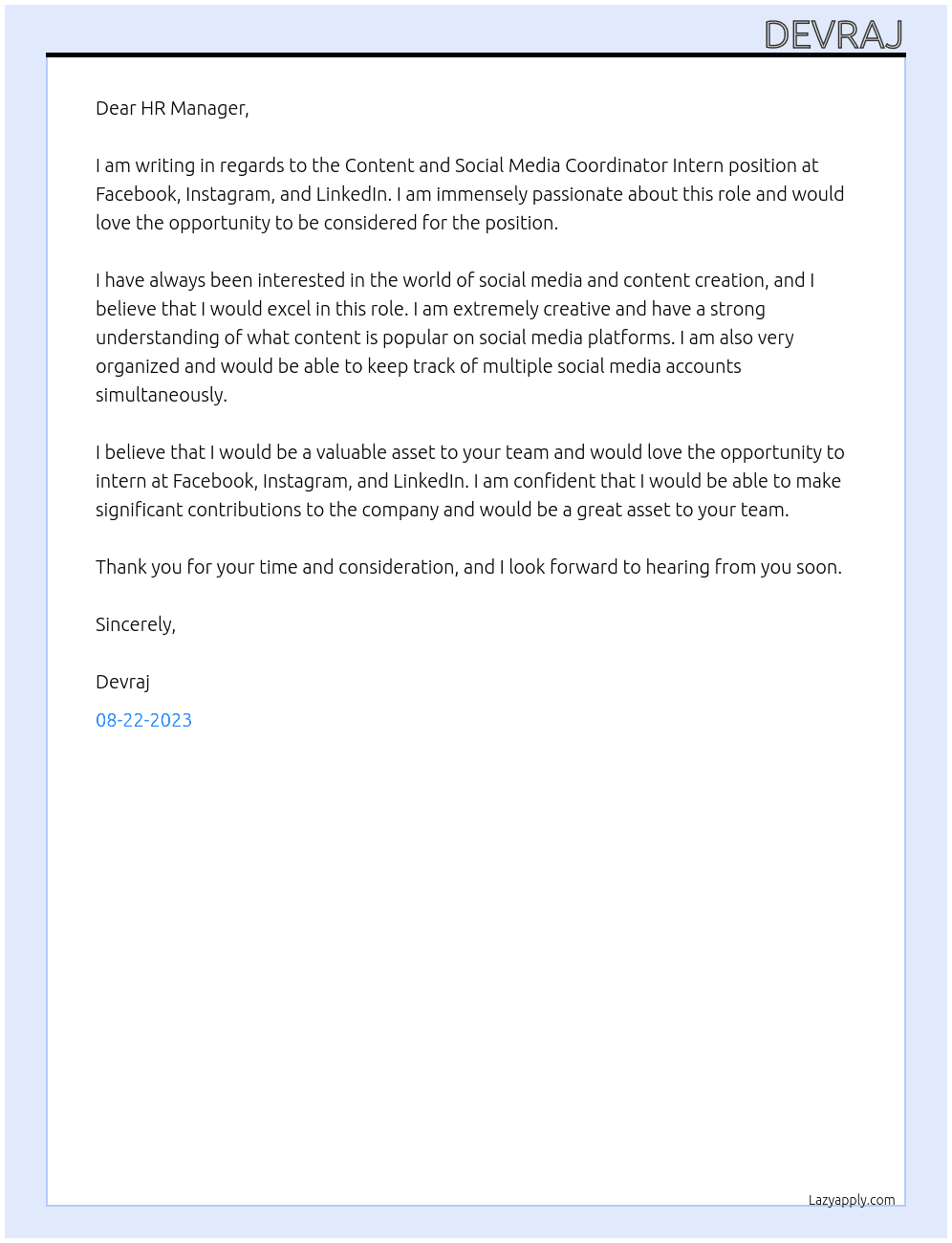 Content and Social media Coordinator Intern At Facebook, Instagram, Linkedin Cover Letter