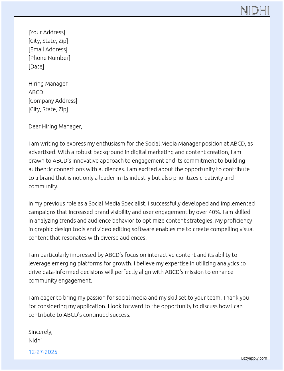 Cover letter for social media amnager - LazyApply