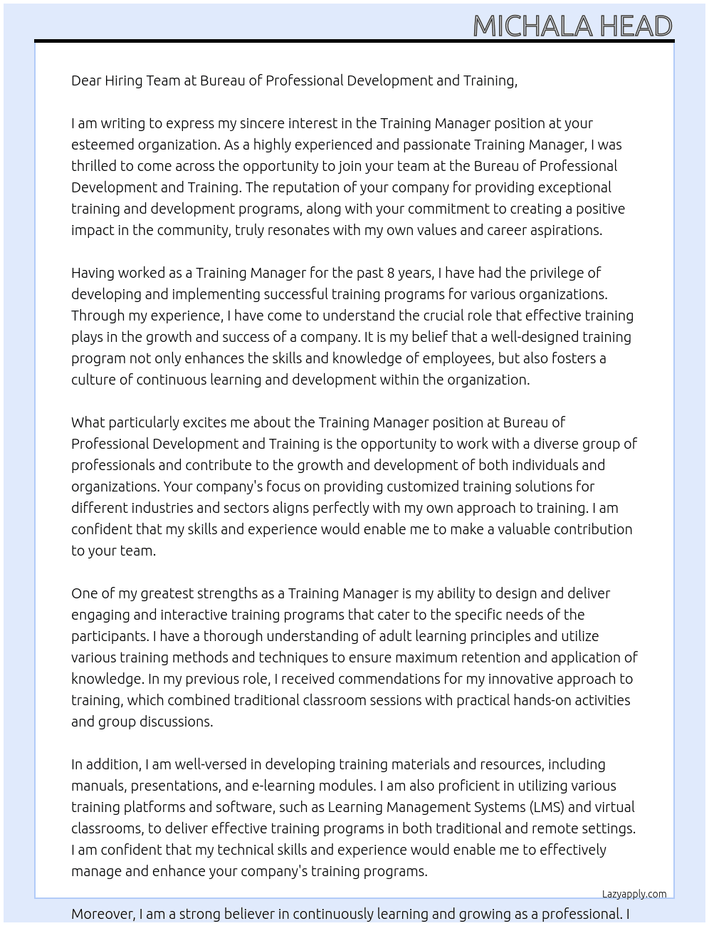 Training Manager At Bureau of Professional Development and Training Cover Letter