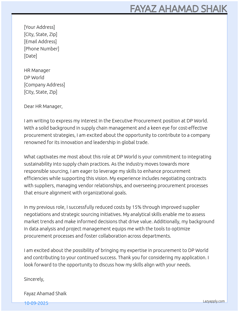 Executive Procurement At DP World Cover Letter