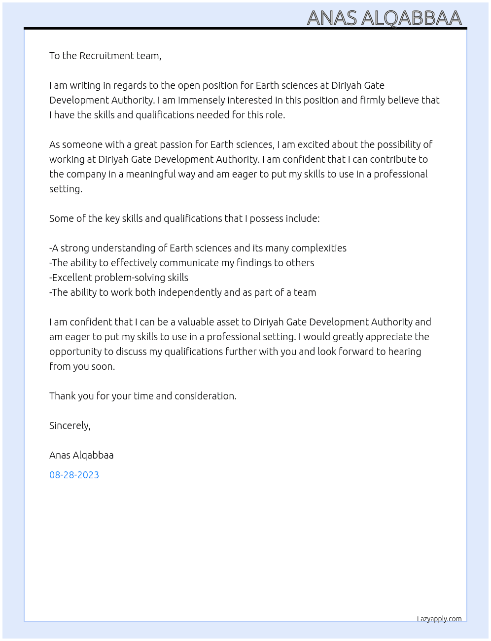 Earth sciences At Diriyah Gate Development Authority Cover Letter