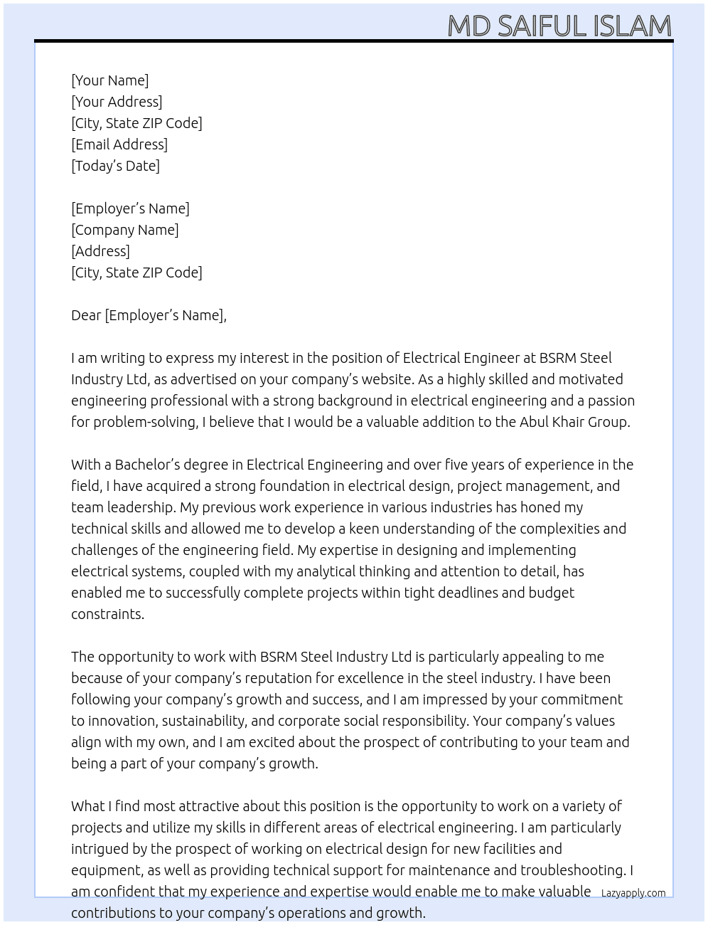 Electrical engineer  At BSRM steel industry ltd  Cover Letter