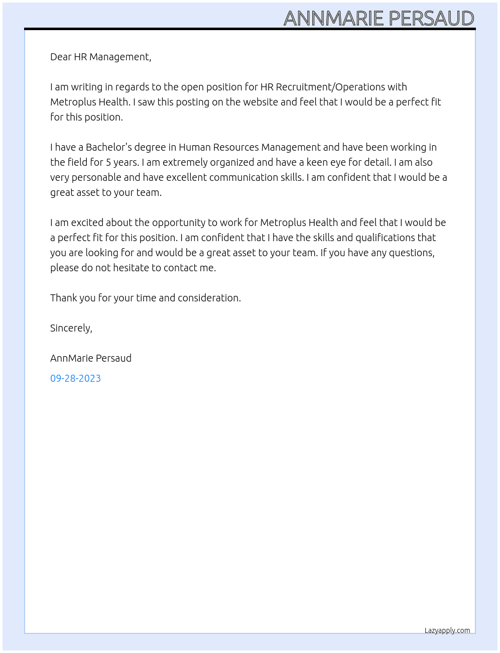 HR Recruitment/Operations At Metroplus Health Cover Letter