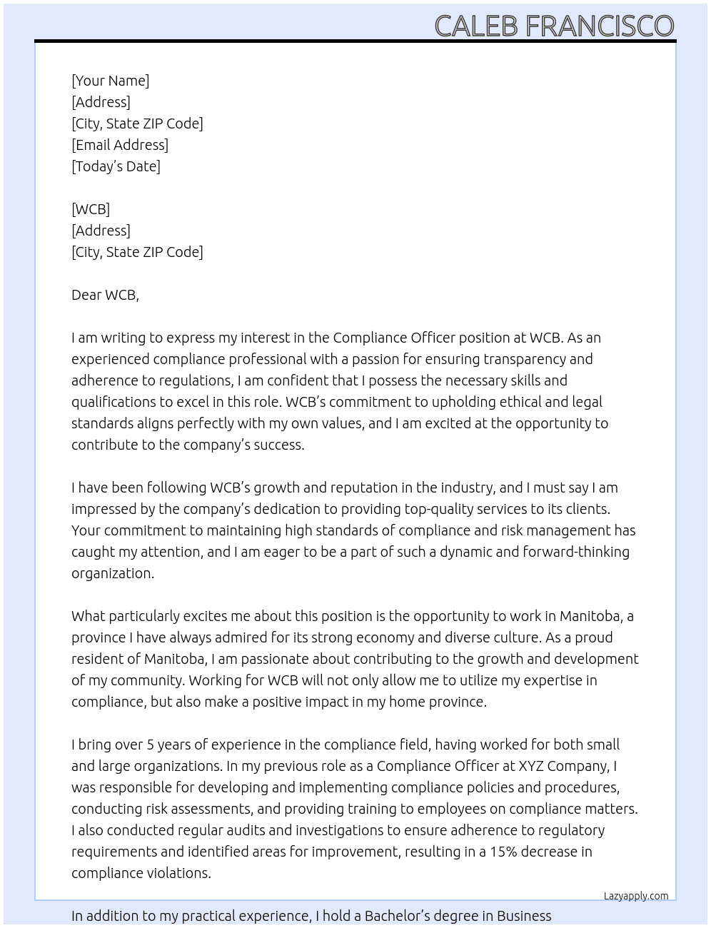 Compliance Officer At WCB Cover Letter