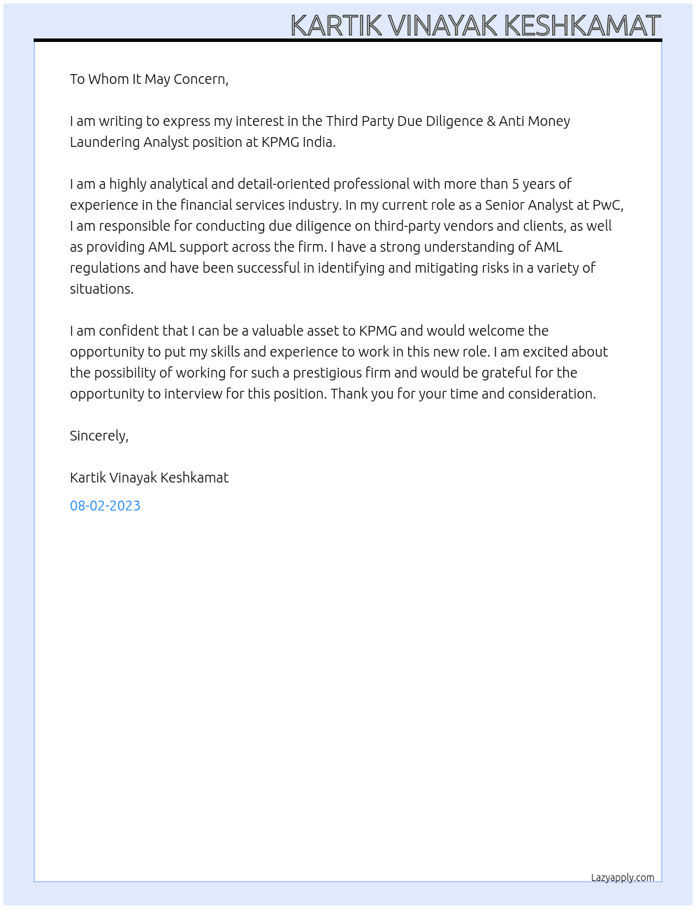Third Party Due Diligence & Anti Money Laundering Analyst At KPMG Inida Cover Letter