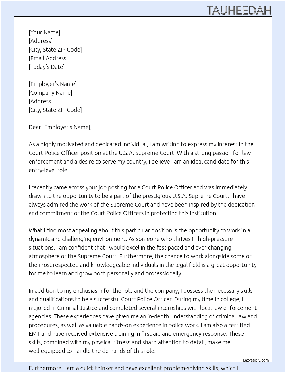 Court police officer  At U.S.A. Supreme court  Cover Letter