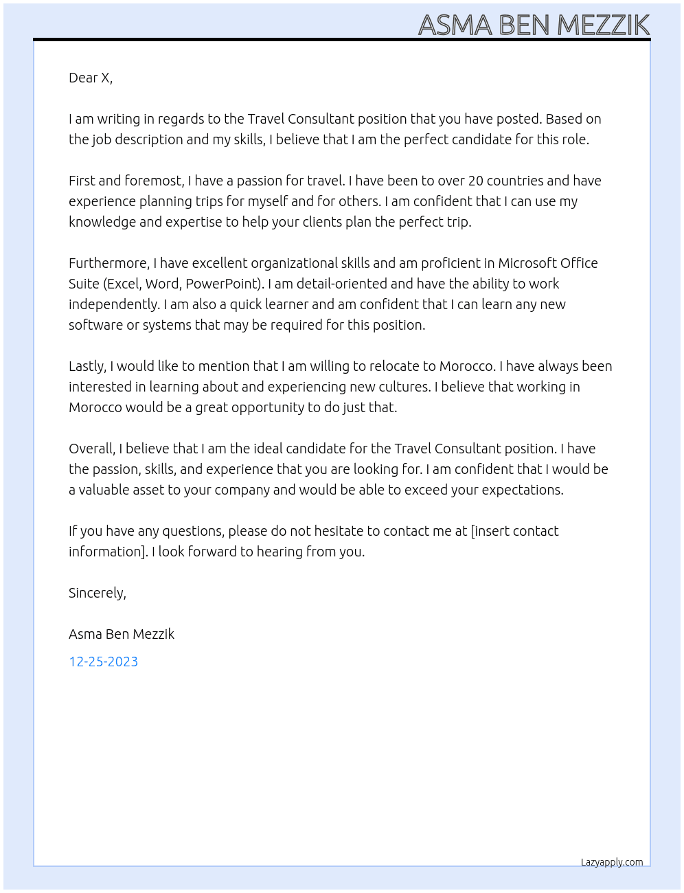 Travel consultant  At X Cover Letter