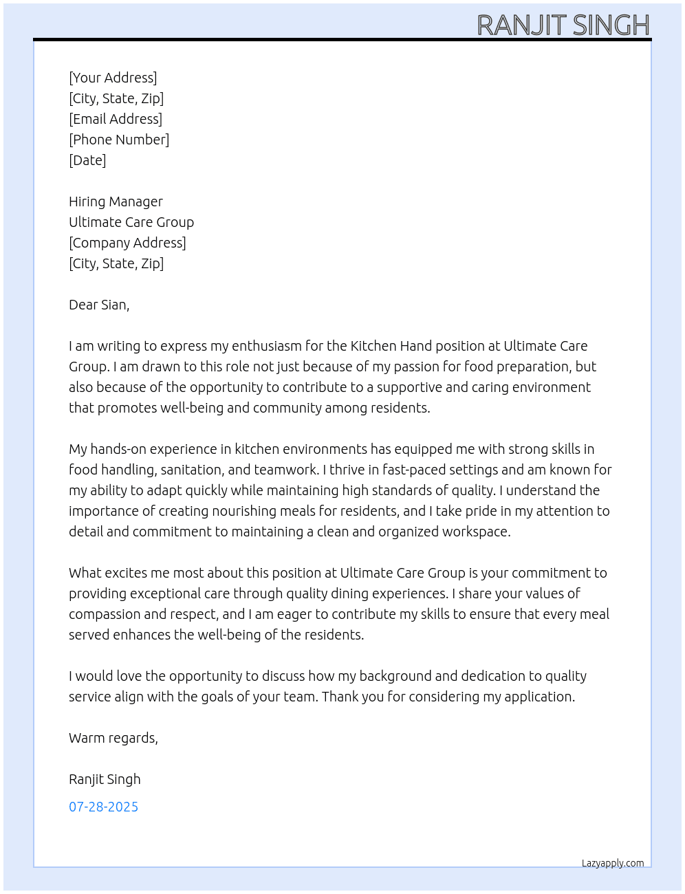 KITCHEN HAND  At Ultimate Care Group Cover Letter