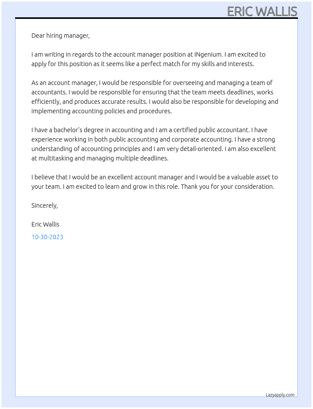 Account manager At INgenium Cover Letter