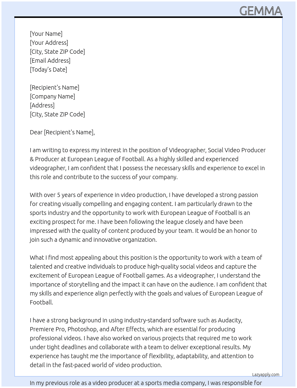 Videographer, social video producer & producer At European League of Football Cover Letter