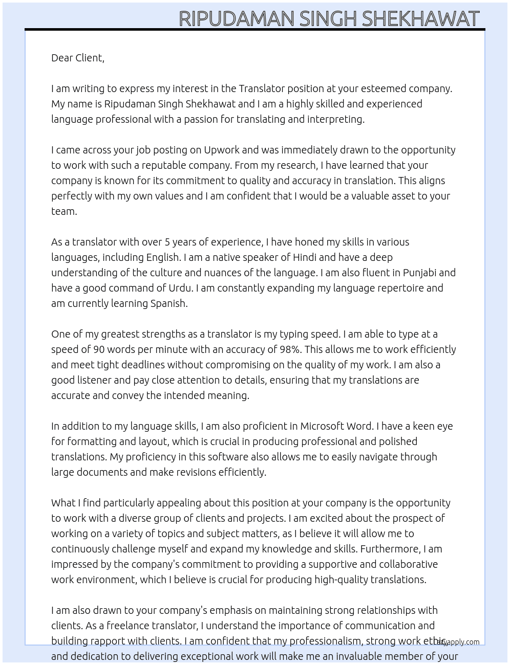 Translator  At From upwork Cover Letter